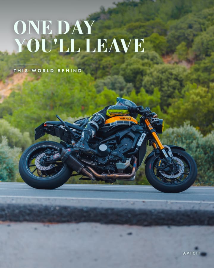 sinematik renk tonlaması yapılmış fotoğraf — Color Grade ile yapıldı, otto96: "One day you'll leave this world behind" — yeşil dağ yolunda XSR 900. Film tonlu renk düzenleme ile Instagram postu.